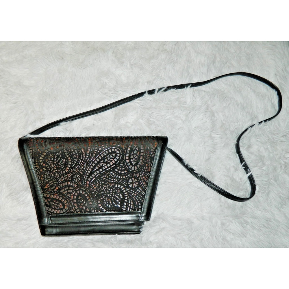 ROBERTO VASCON Purse Crossbody Vintage 80's Black Brown Leather Flap Retro Artsy